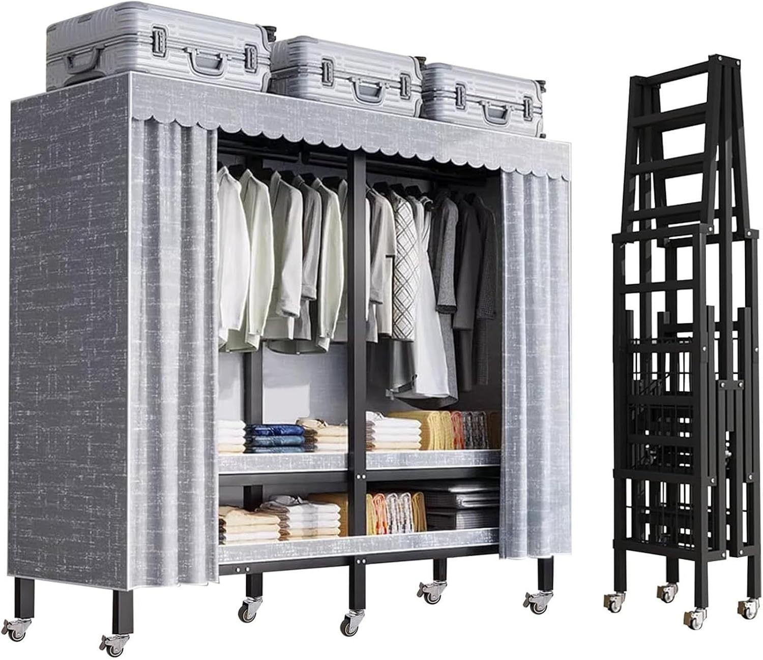 Portable Wardrobe Closet Rack,1100lbs, Foldable Garment Rack with Cover，Freestanding Clothes Organizer System,Enclosed Curtain Armoires for Hanging Clothes for Bedroom(125 * 52 * 170cm)
