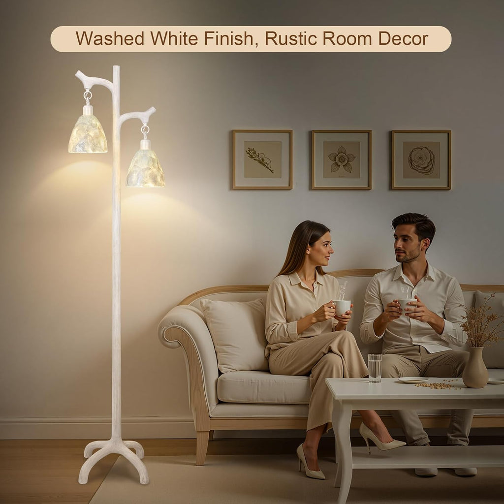 68' Washed White Rustic Floor Lamp with Soft Pearl Shell Lamp Shade for Living Room, Standing Lamp for Bedroom, Farmhouse Floor Lamp Stepless Dimmable Tree Trunk Tall Lamp for Bedroom (Bulb Included)