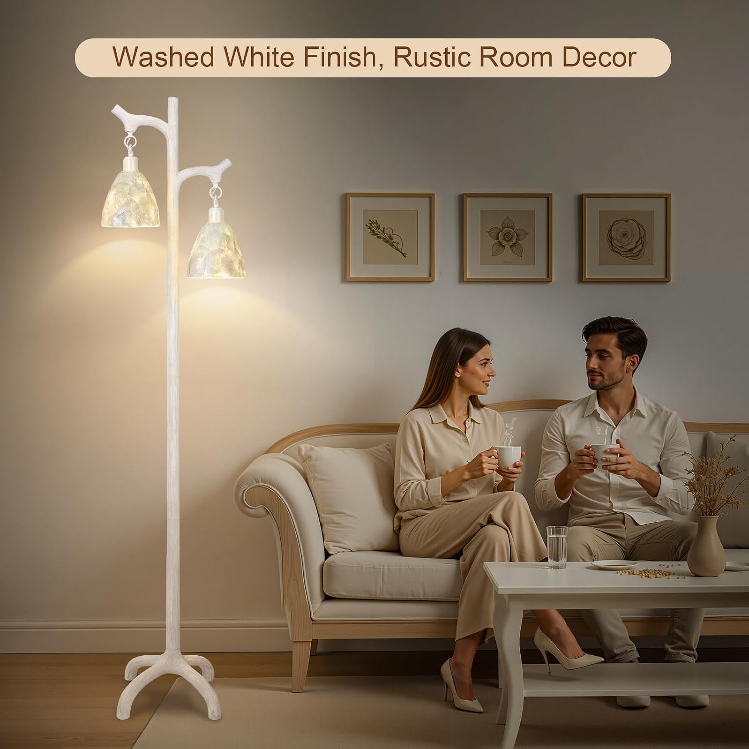 68' Washed White Rustic Floor Lamp with Soft Pearl Shell Lamp Shade for Living Room, Standing Lamp for Bedroom, Farmhouse Floor Lamp Stepless Dimmable Tree Trunk Tall Lamp for Bedroom (Bulb Included)