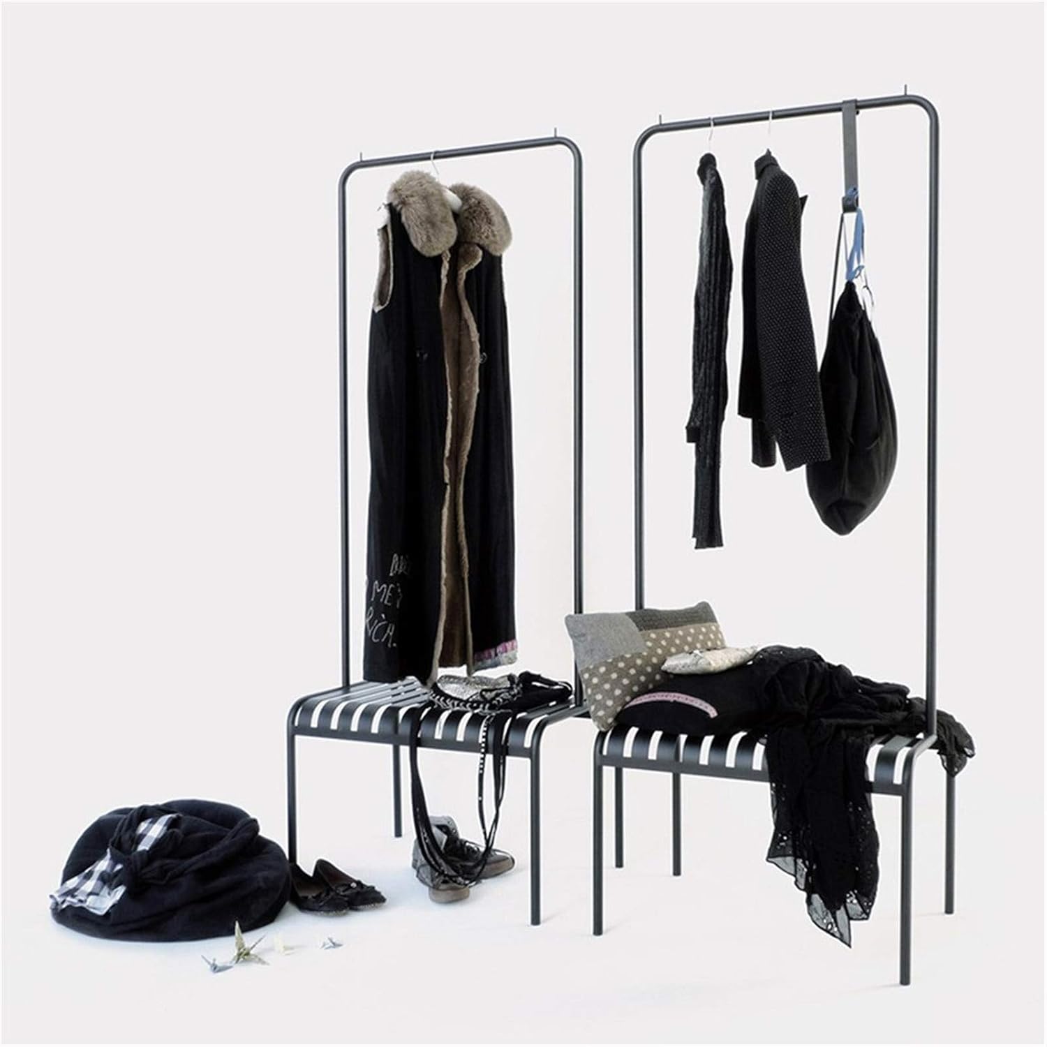 Nordic Coat Hanger, Freestanding Display Stand with 1 Metal Bench, Single-Rail Garment Rack for Coats, Shirts, Trousers, Bags, for Entryway, Bedroom
