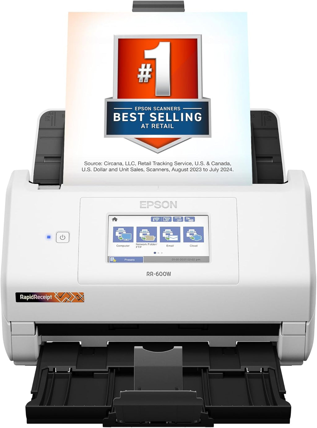Epson RapidReceipt RR-600W Wireless Desktop Color Two-Sided Receipt and Document Scanner with ScanSmart AI PRO Receipt Management and PDF Software for PC and Mac, Touchscreen and 100 Page ADF