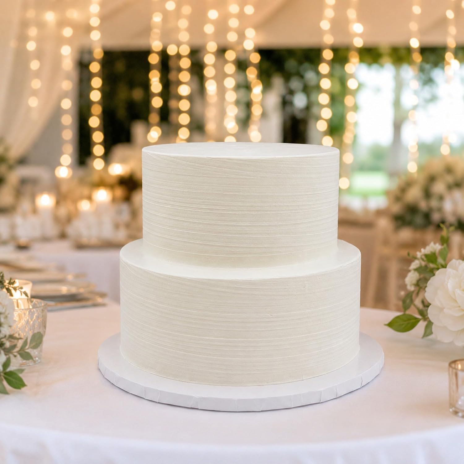 FromJennWithLove 2 Tier Fake Wedding Cake, Brushed Texture Finish, 8' Tall Handcrafted Ivory Display Cake – 4-Day Artisan Process, Made in USA – Reusable for Weddings