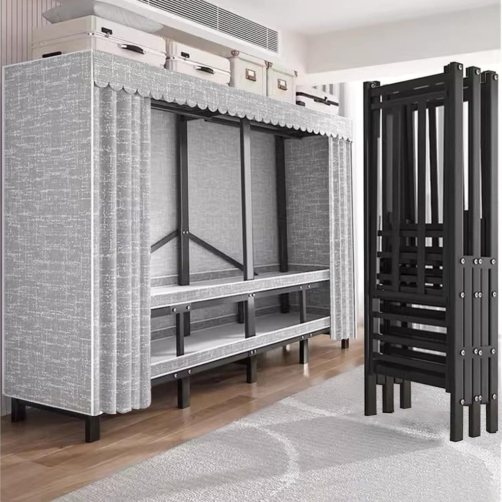 Heavy-Duty Wardrobe Closet Rack - Portable Foldable Garment Rack With Cover, 1100lbs Freestanding Clothes Organizer System, Enclosed Curtain Armoires For Hanging Clothes For Bedroom(150cm/59in)
