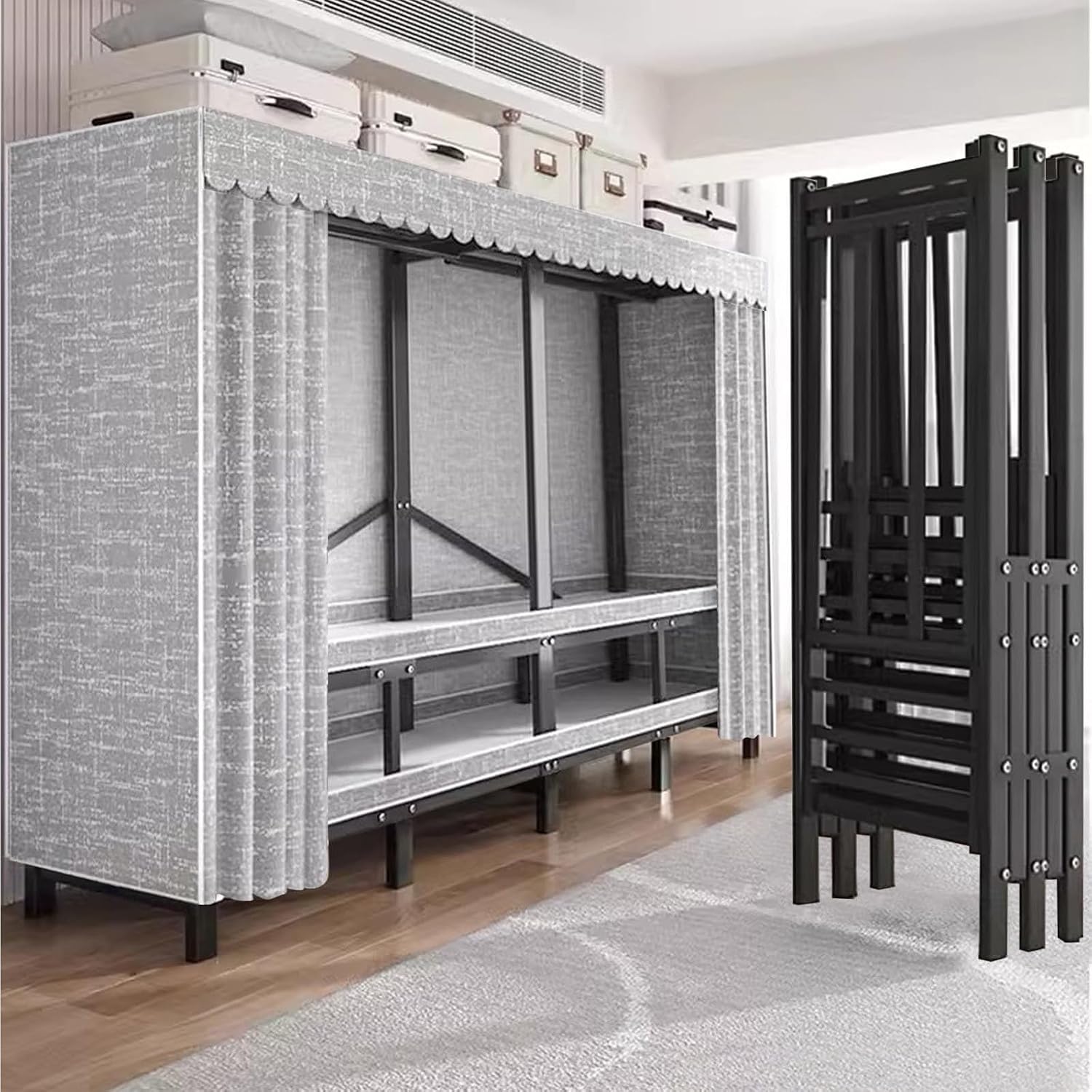 Heavy-Duty Wardrobe Closet Rack - Portable Foldable Garment Rack With Cover, 1100lbs Freestanding Clothes Organizer System, Enclosed Curtain Armoires For Hanging Clothes For Bedroom(125cm/49.2in)