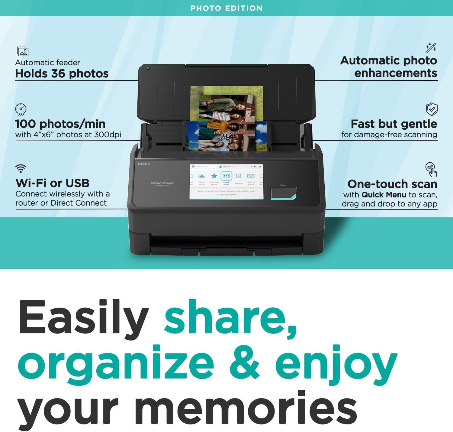 ScanSnap iX2500 Photo Edition Wireless or USB High-Speed Cloud Enabled Photo, Document & Receipt Scanner with Large 5' Touchscreen for Mac or PC, Black