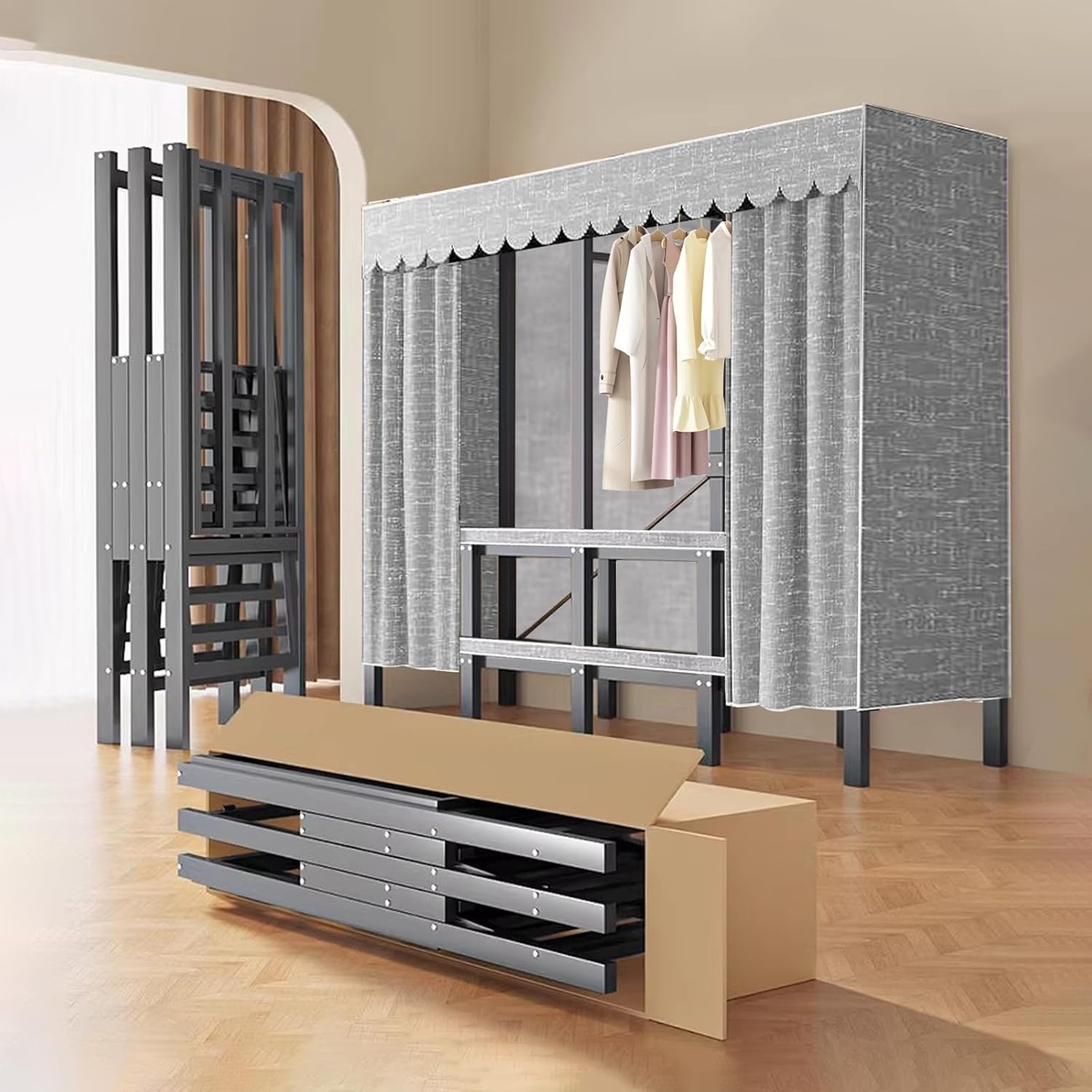 Heavy Duty Clothe Rack with Cover Load 1200lbs Foldable Portable Wardrobe Closets for Hanging Clothes Freestanding Clothing Garment Rack, Wardrobe Clothes Organizer(150cm)