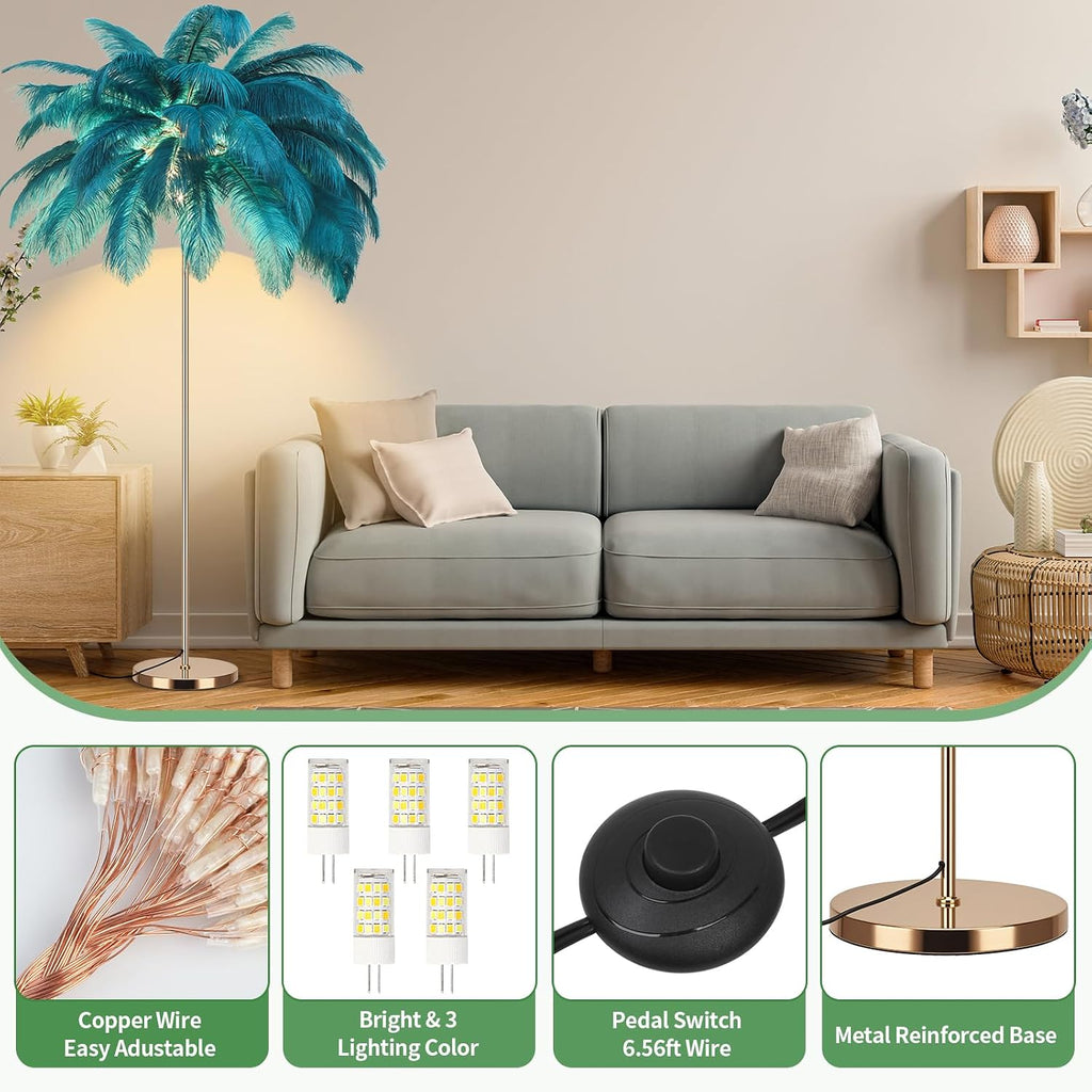 Feather Floor Lamp for Living Room, Fluffy Ostrich Feathers Lamp, Rose Gold Color Body, 3 Color Temperatures Modern Funky Arc Tall Standing Lamp for Bedroom Inclued Bright LED Bulbs (Blue)