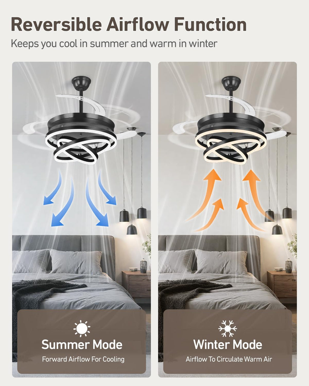 Retractable Ceiling Fans with Lights, 42' Fandelier Ceiling Fan with Light and Remote, Reversible, 3 CCT, Dimmable, Modern Chandelier Ceiling Fan for Bedroom, Living Room, Dining Room (Black)