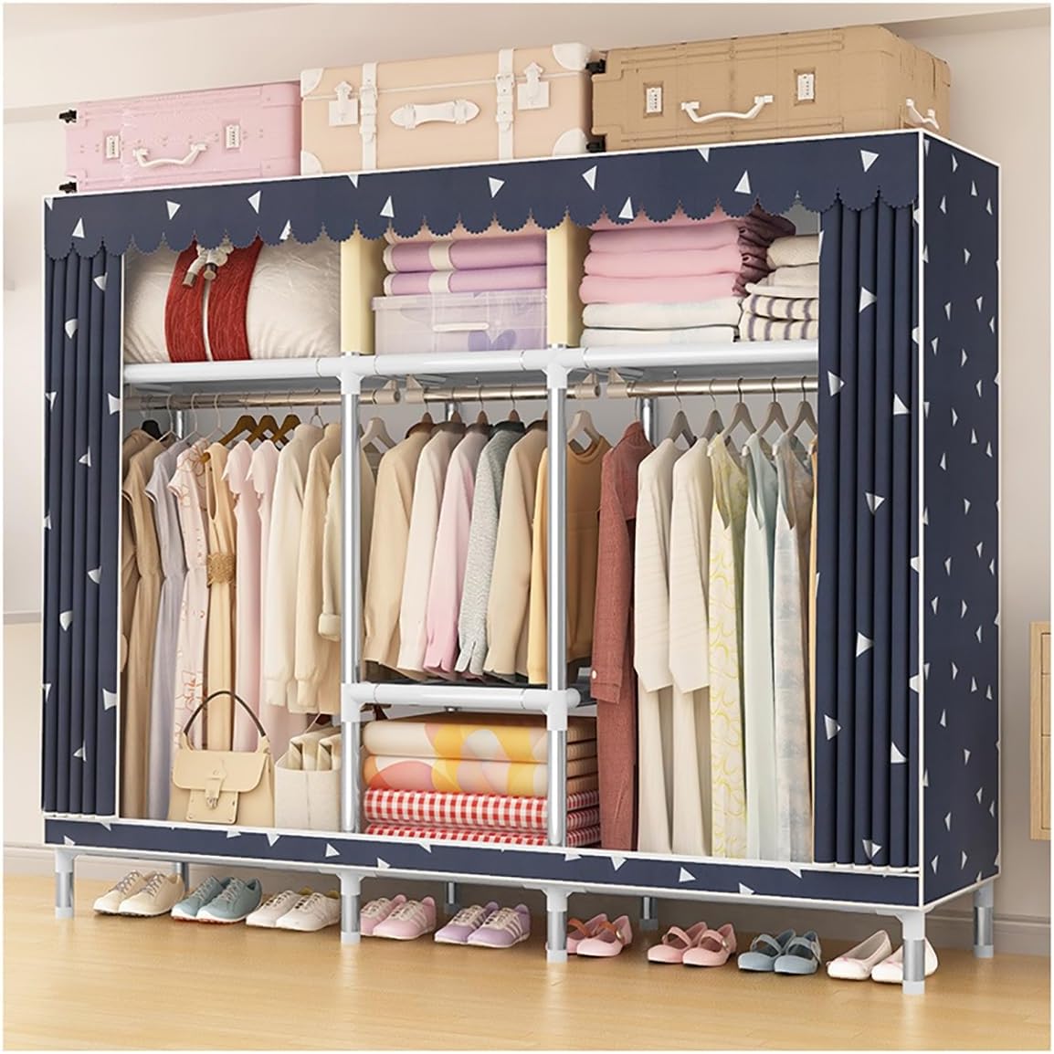 Metal Closet Wardrobe with Cover Freestanding 3 Tiers Garment Rack for Hanging Clothes with Shelves and Hangers for Bedroom (Color : D, Size : 168x45x170cm)