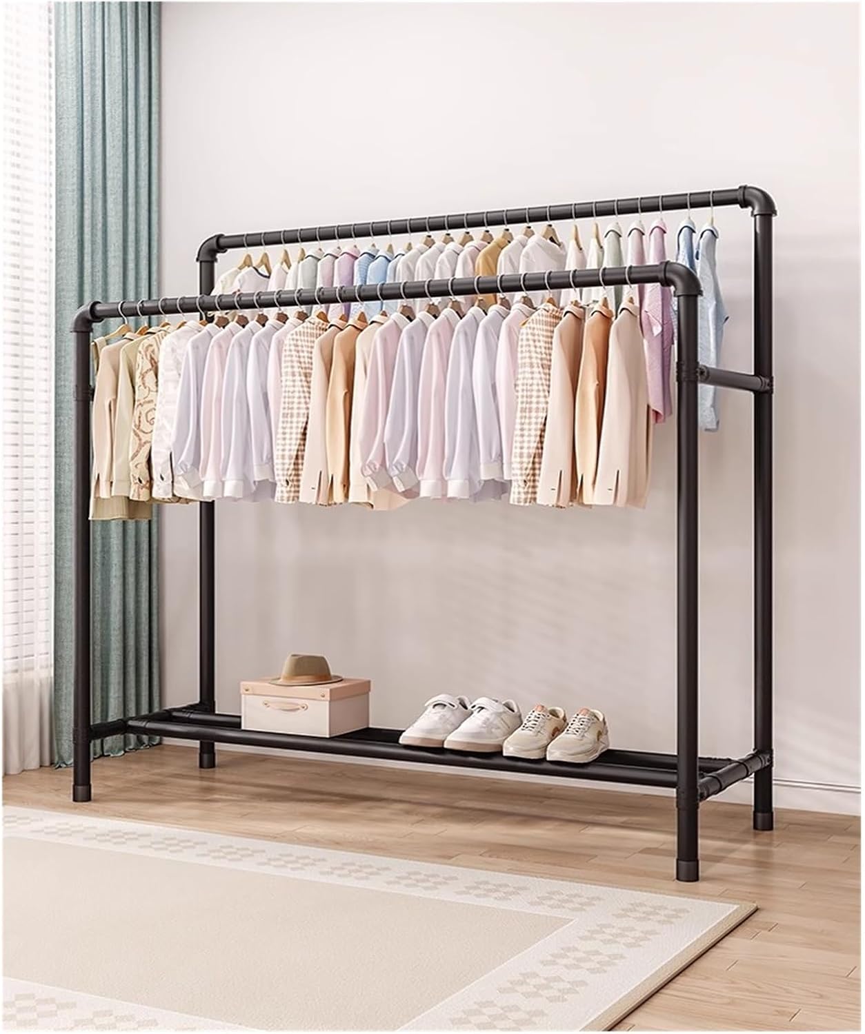 Heavy Duty Clothes Garment Rack, Freestanding Double Rod Clothing Hanger Stand with Storage Display Shelf for Hanging Clothes Boutique Store(Black,120x136cm)