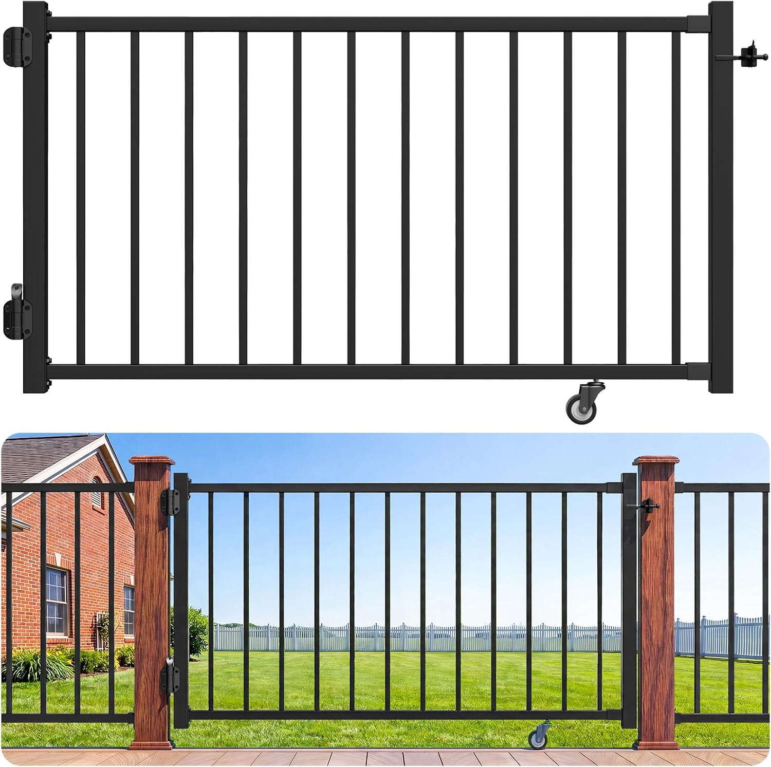 5ft Aluminum Deck Gate 36in H with Support Wheel, Cuttable Railing Gate Kit with Latch & Auto-Close Hinges, AAMA 2604 Textured Black Outdoor Gate for Deck, Porch, Patio