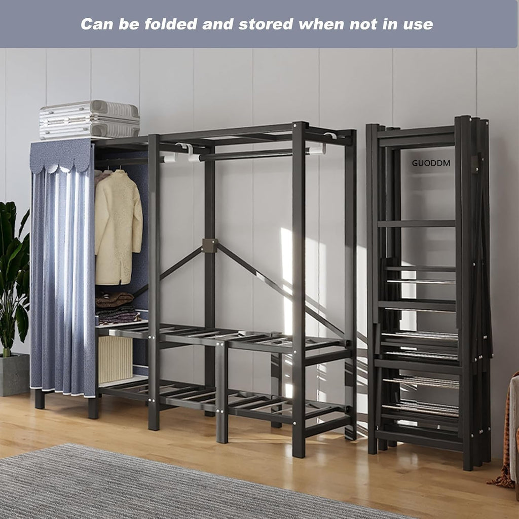 Portable Wardrobe Closet Rack - Heavy-Duty Foldable Garment Rack with Cover, Foldable Portable Closet Wardrobe Rack - 1100lbs, Freestanding Clothes Organizer System(168 * 50 * 170cm)