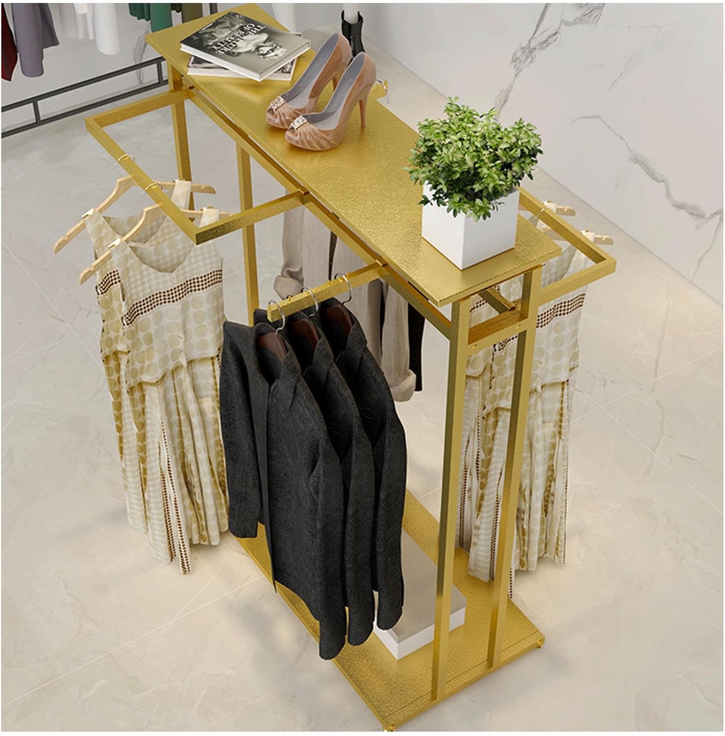 Heavy Duty Pipe Clothes Rack, Clothing Display Stand for Boutiques/Retail Shops/Home Storage, Clothing Store Modern Garment Rack with Shelf, Free Standing Metal Garment Rack Suit Shirt display stand