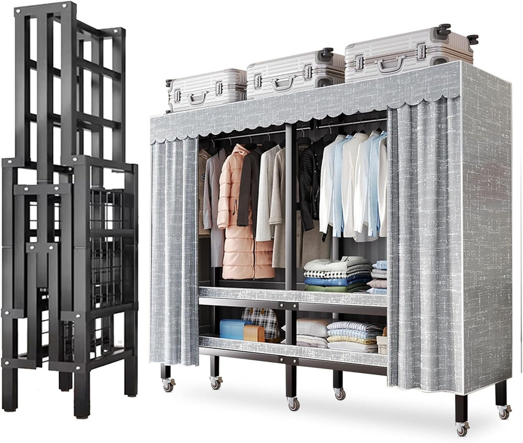 Large Heavy-Duty Portable Wardrobe Closet Rack with Cover - Rolling Freestanding Clothes Organizer System for Hanging Clothes