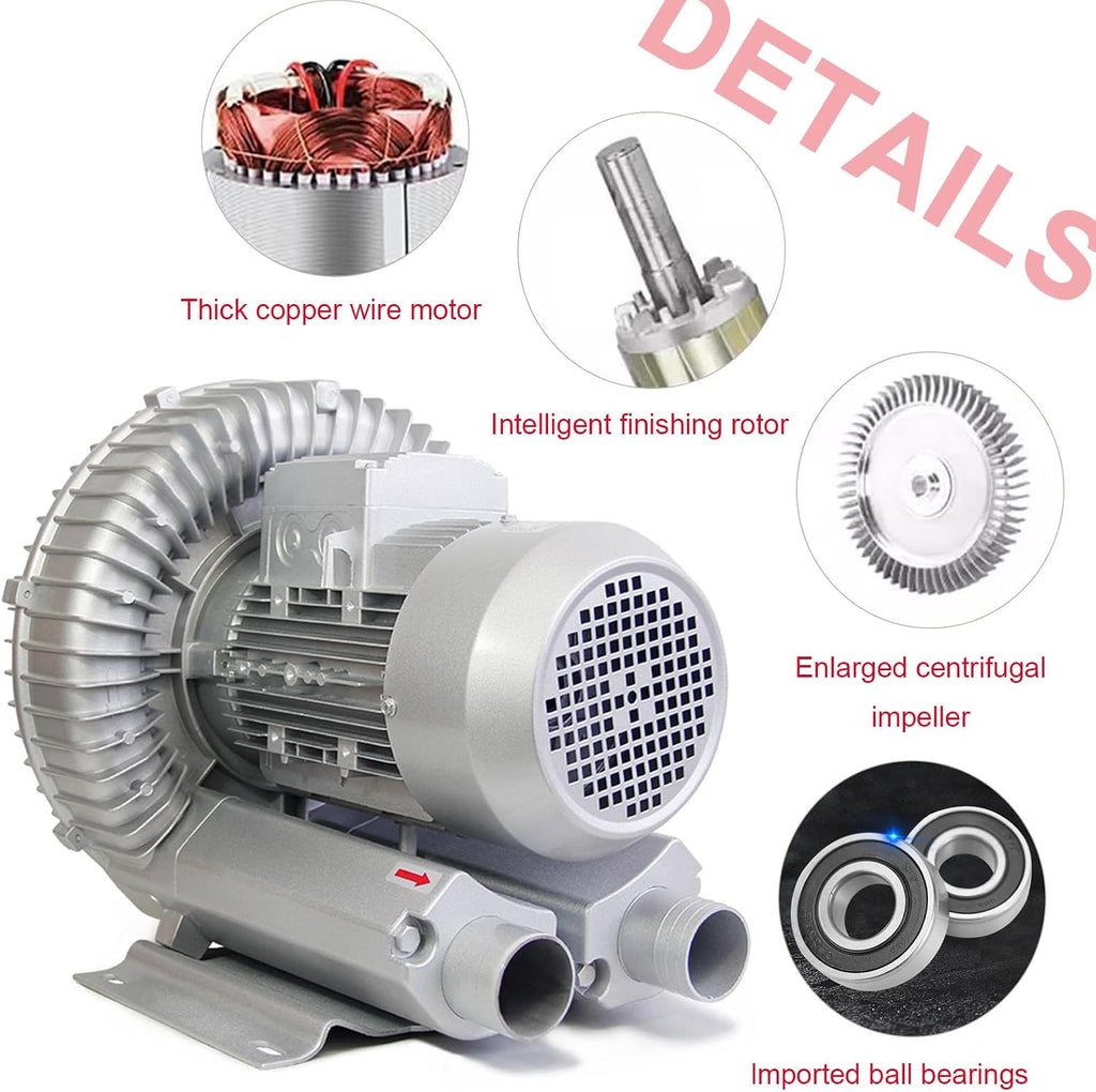 Regenerative Blower & Single/Three Phase Vortex Ring Blower - 220v/380v Industrial Vacuum for Aquaculture Hydroponics and Dust Collection 750W/220V
