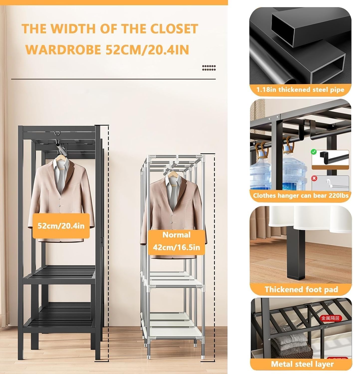 Large Metal Closet Rack, Foldable Clothe Rack With Cover Heavy-Duty Portable Wardrobe Closet For Bedroom Armoires Freestanding Clothing Coat Storage Rack Garment Rack For Hanging Clothes(125cm/49.2in)