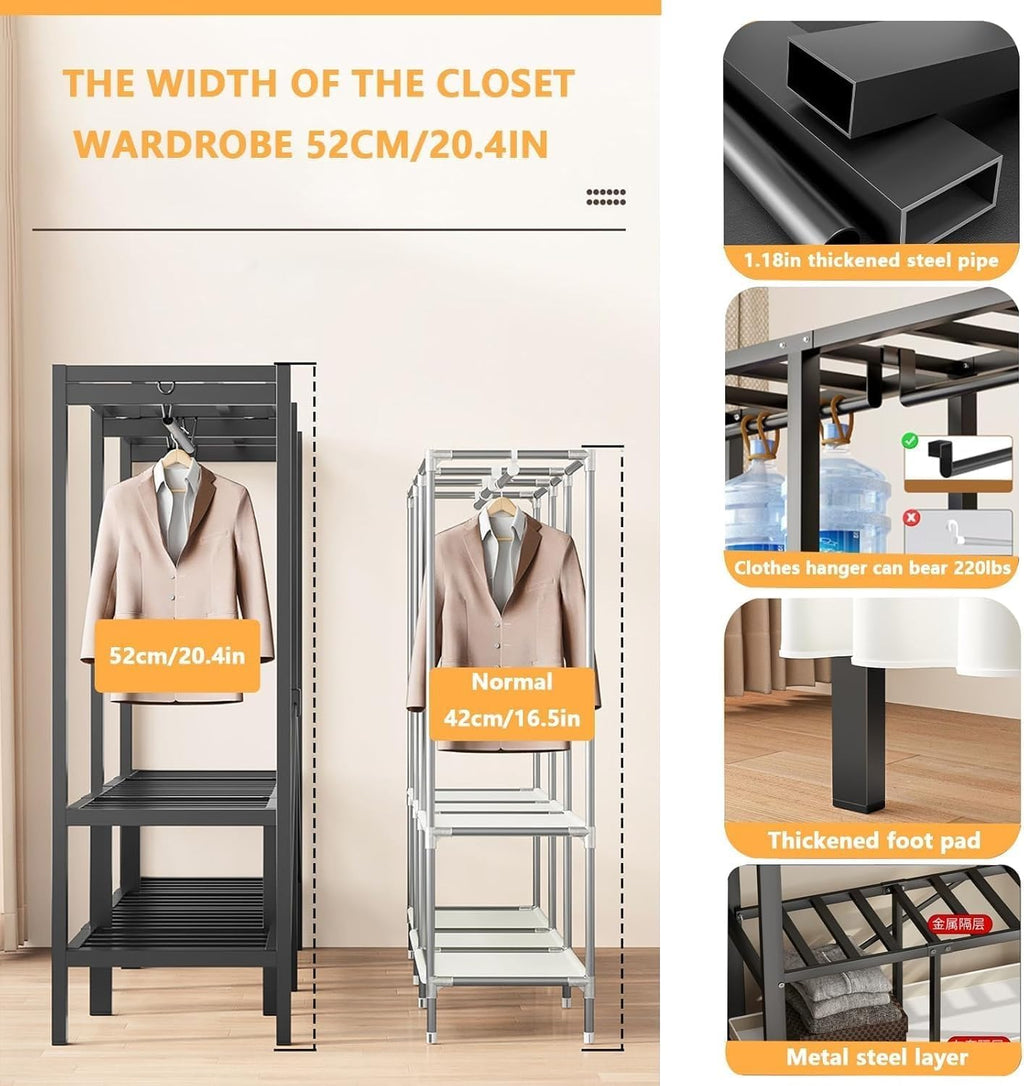 Large Metal Closet Rack, Foldable Clothe Rack With Cover Heavy-Duty Portable Wardrobe Closet For Bedroom Armoires Freestanding Clothing Coat Storage Rack Garment Rack For Hanging Clothes(180cm/70.87in