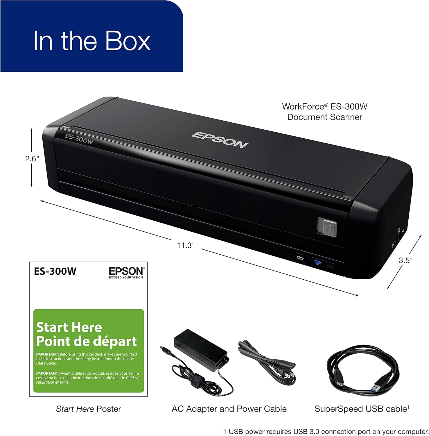 Epson Workforce ES-300W Wireless Color Portable Document Scanner with ADF for PC and Mac Sheet-fed, Duplex Scanning