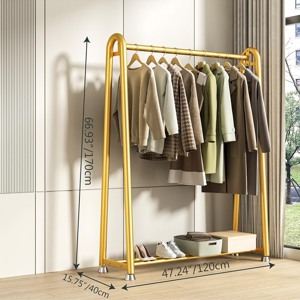 47' Single Rod Garment Rack with Bottom Shelf, Freestanding Closet Organizer, Multi-functional Bedroom Metal Clothes Rack for Coats, Shirts, Dress