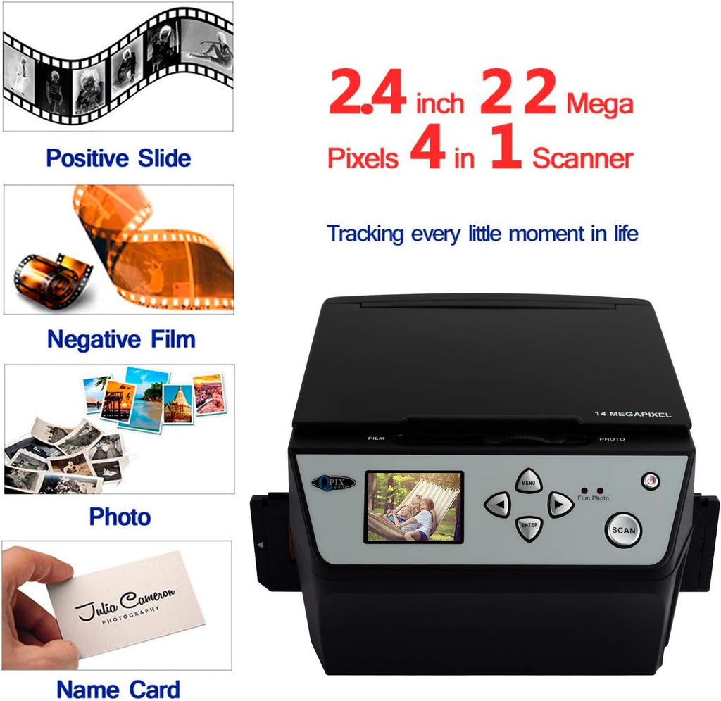 Digital Film & Photo Scanner Multi-Function Combo Scanner with HD 22MP, Convert 135Film/35mm slide/110Film/Photo/Document/Business Card to Digital JPG Files, 2.4 inch LCD, Black