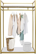 Garment Rack with Bottom Shelf, 2-Tier Clothing Rack for Hanging Clothes, Freestanding Heavy Duty Metal Clothes Rack Shoes Bags Clothes Organizer with Adjustable Foot Pads for Retail Display, Gold