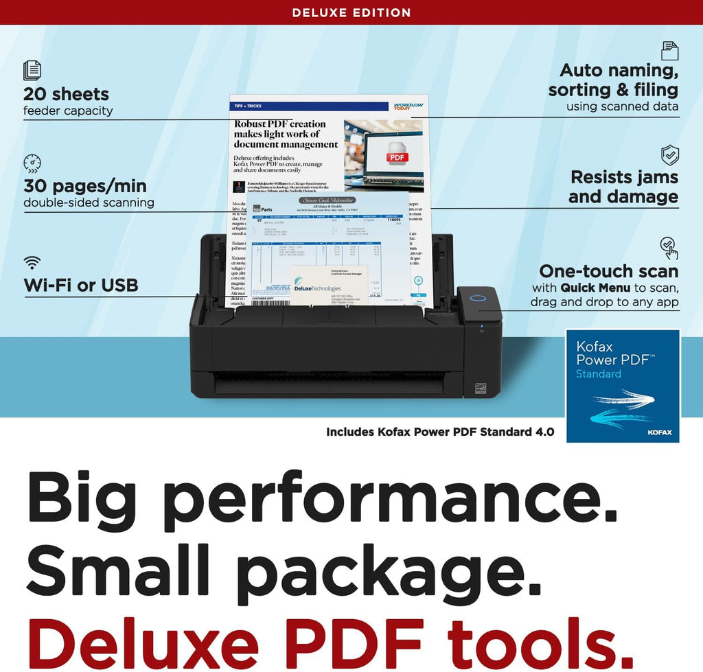 ScanSnap iX1300 Deluxe Compact Wireless or USB Double-Sided Color Document, Photo & Receipt Scanner with Auto Document Feeder and Manual Feeder for Mac or PC