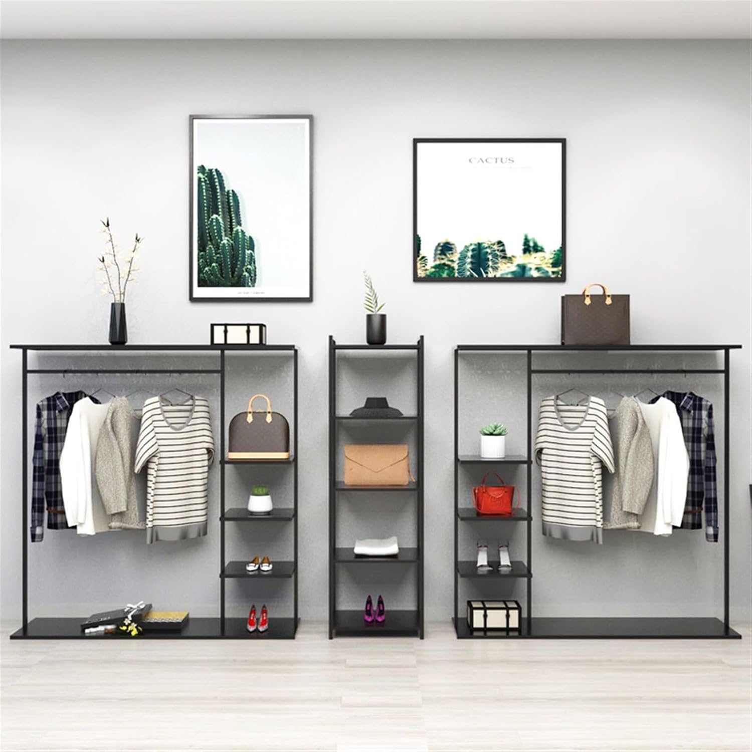 Hangers Display Stand - Garment Rack with Shelf, Metal Clothing Rack Free Standing Closet Organizer with 5 Tier Shelf,Large Clothing Display Stand for Home, Clothing Stor(A2