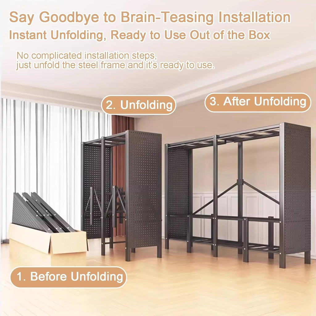 Heavy-Duty Foldable Cloth Rack, Portable Closet Wardrobe with Cover and Pegboard, Freestanding Metal Clothing Rack Armoire Rolling Garment Racks Closet System