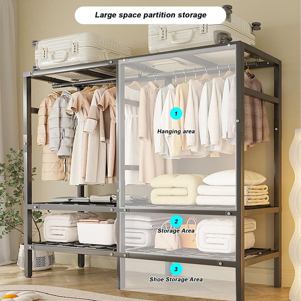 Large Heavy-Duty Portable Wardrobe Closet Rack with Cover - Rolling Freestanding Clothes Organizer System for Hanging Clothes