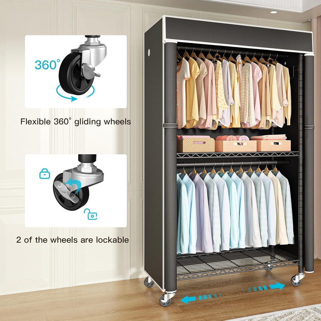 FUTASSI Clothing Rack with Cover, P1C Rolling Closets with Wheels, Metal Garment Rack for Hanging Clothes, Clothing Storage Wardrobe with Cover, 36.2' W x 16.5' D x 80.5' H, Black, Load 450 Pounds