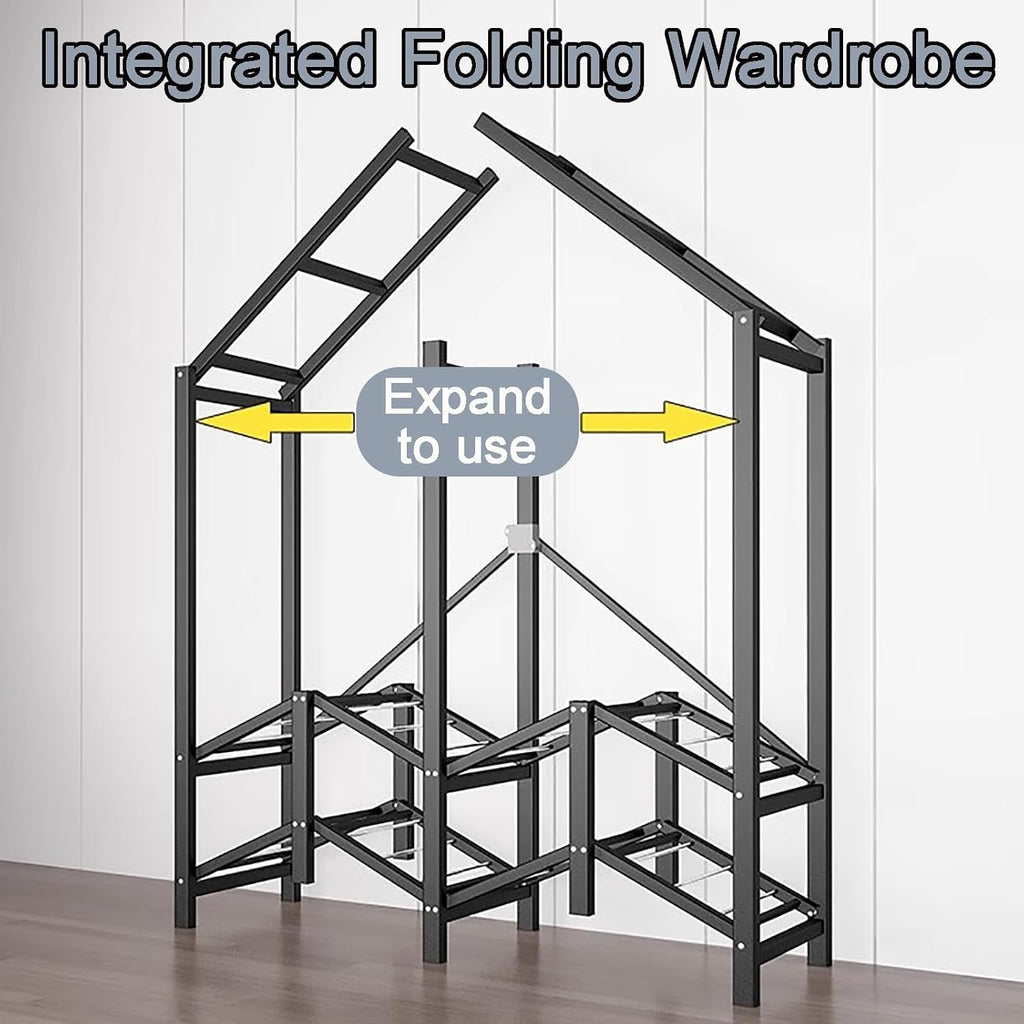 Portable Garment Rack With Shelf,Heavy-duty Foldable Clothing Rack For Wardrobe Bedroom,67IN Tall Closet With Cloth Cover(215cm/84.6in)