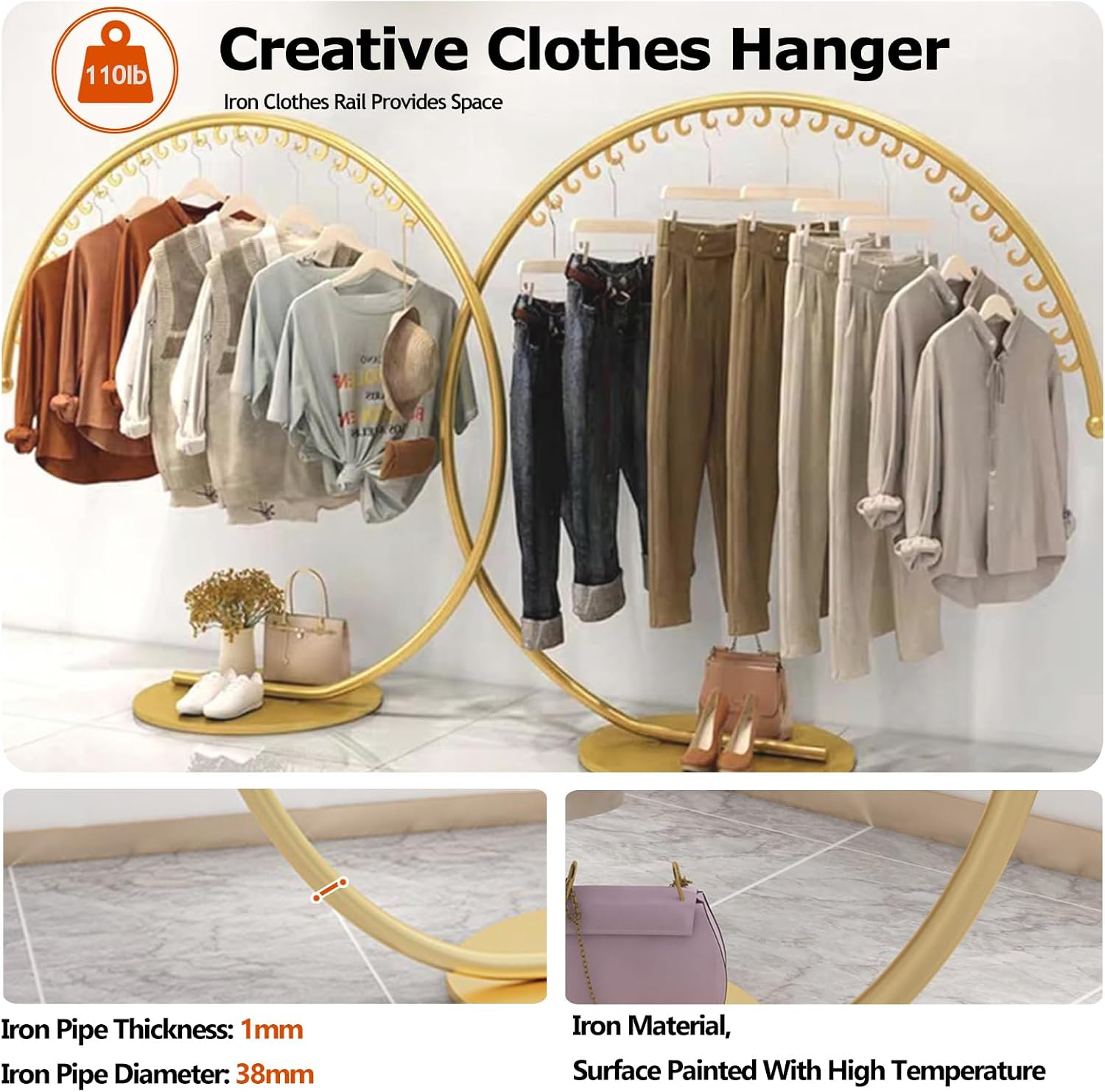 Clothing Store Industrial Display Stands, Clothes Rail, Metal Clothes Rail, Freestanding Garment Rack Hanger, 110 Lb Total Max, Clothes Rail Heavy Duty, Han(A-180x170cm
