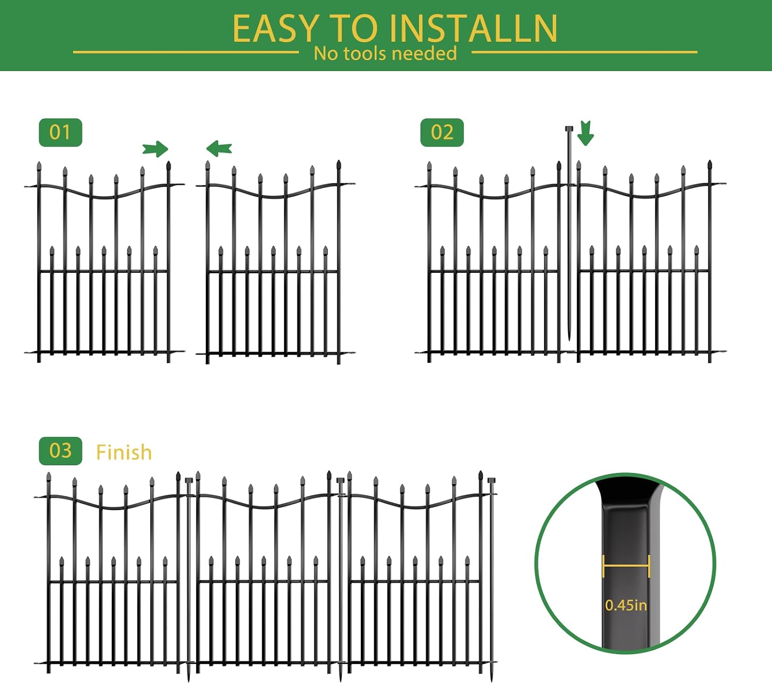 8 Panels No Dig Decorative Garden Fence, 40in(H)×17.6ft(L) Heavy-Duty Rustproof Metal Panels, Outdoor Dog Barrier for Yard & Patio, Landscape, Border| Portable Temporary Fencing