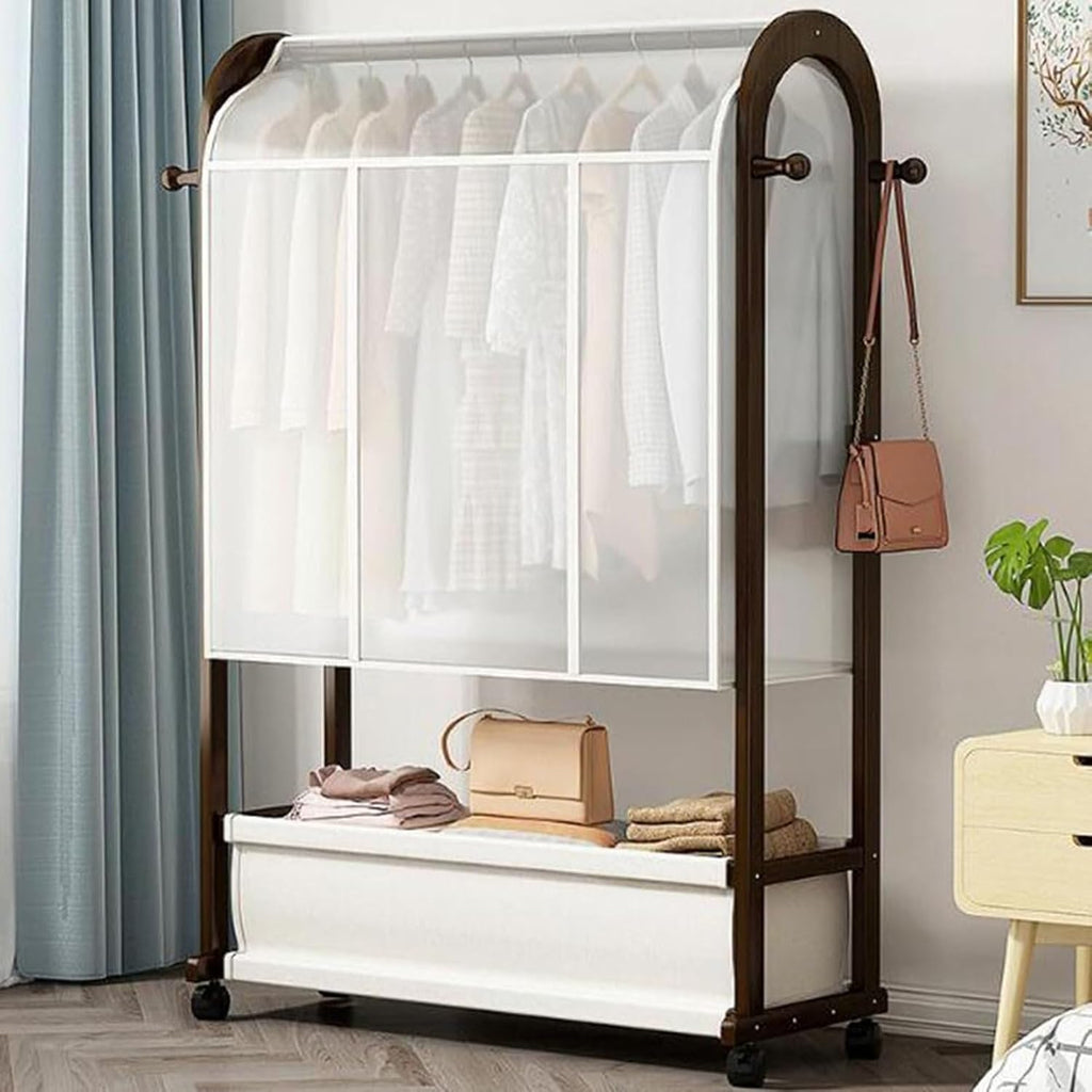 Bamboo Clothes Rails, Garment Rack On Wheels, Free Standing Garment Hanging Rails，with 1 Storage Bag with Dust Cover，for Dress, Pants, Shoes, for Bedroom Home Office(B,(50X32X165CM))