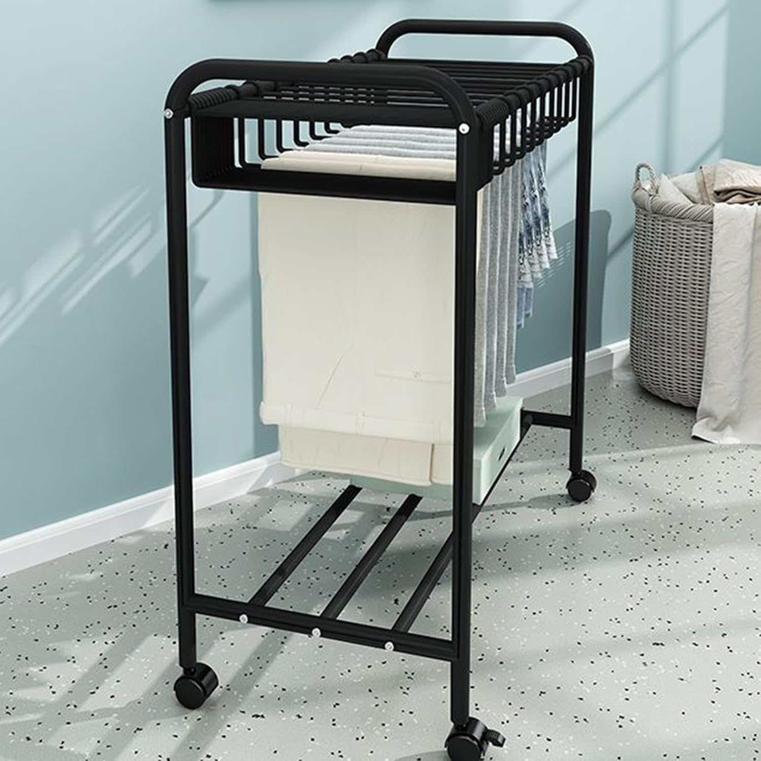 Freestanding Garment Rack with Movable Trouser Hanger, Multi-Functional Clothing Storage Rack for Bedroom, Slacks Organizer with Wheels (White)