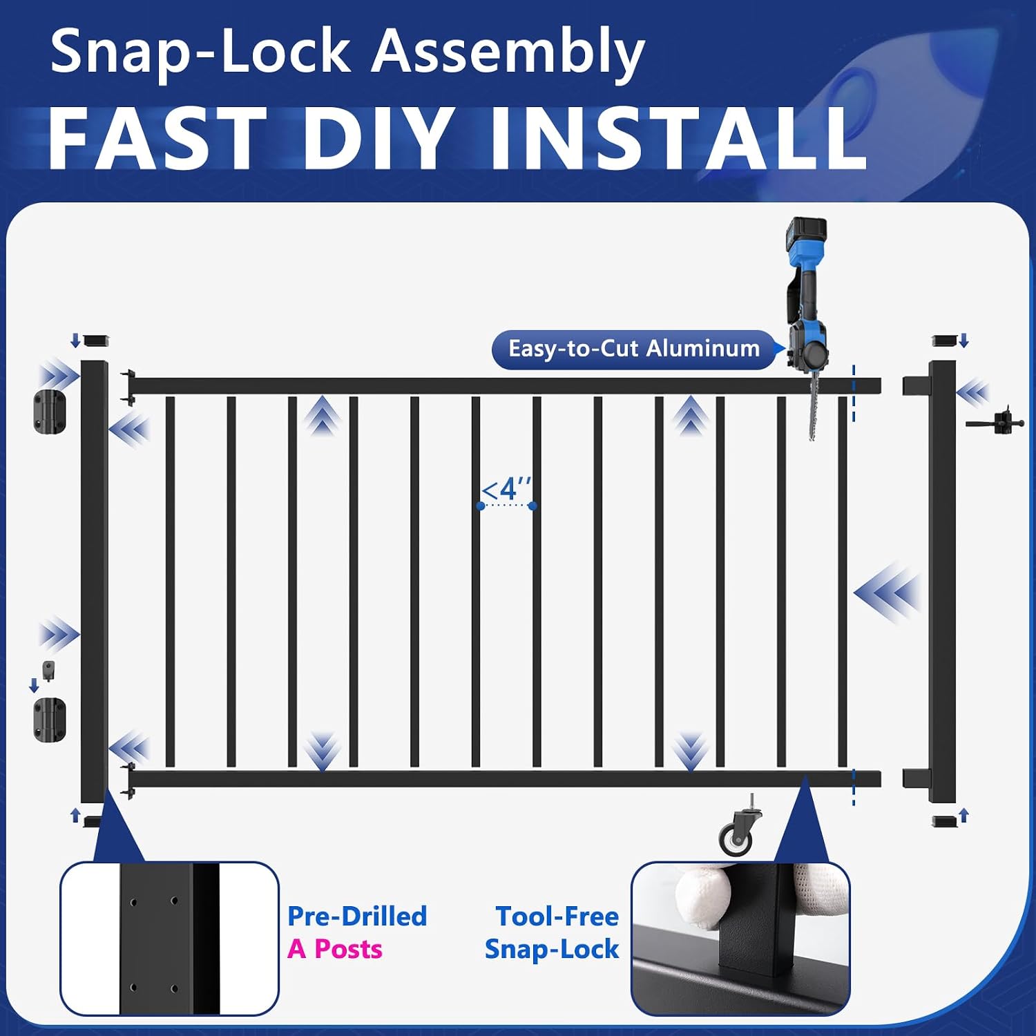 5ft Aluminum Deck Gate 36in H with Support Wheel, Cuttable Railing Gate Kit with Latch & Auto-Close Hinges, AAMA 2604 Textured Black Outdoor Gate for Deck, Porch, Patio