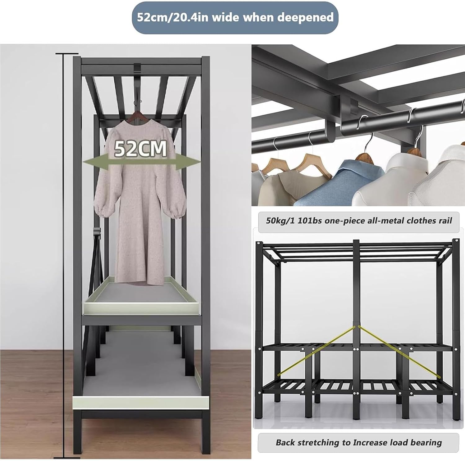 Portable Folding Wardrobe Closet, Heavy-duty Clothe Rack With Cover Foldable Metal Garment Rack On Wheels Freestanding Rolling Clothing Coat Storage Rack 20.4in Width Load 2000lbs(125cm/49.2in)