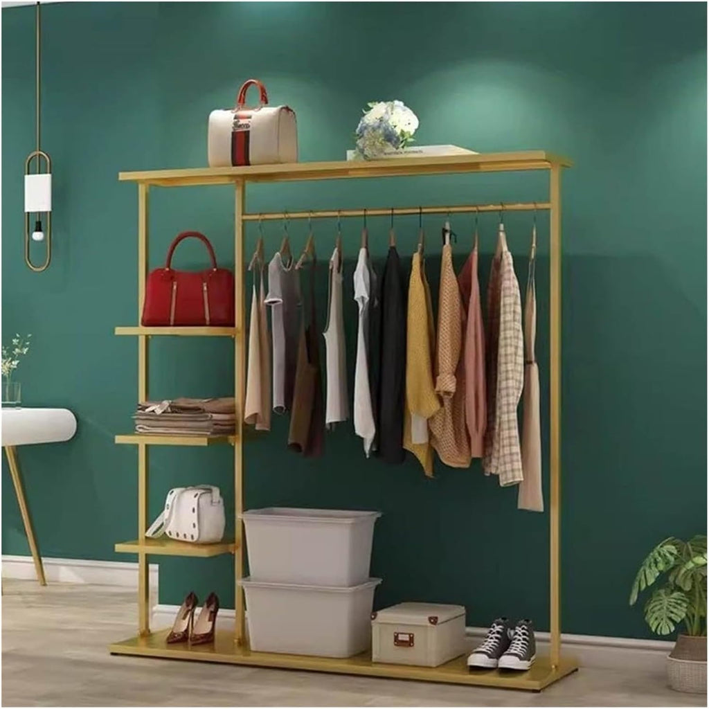 Metal Clothes Rack with 5-Tier Shelves, Heavy Duty Free-Standing Garment Racks Clothing Rack with Shelves Clothes Organizer for Boutique Store(Gold,120x35x155cm)
