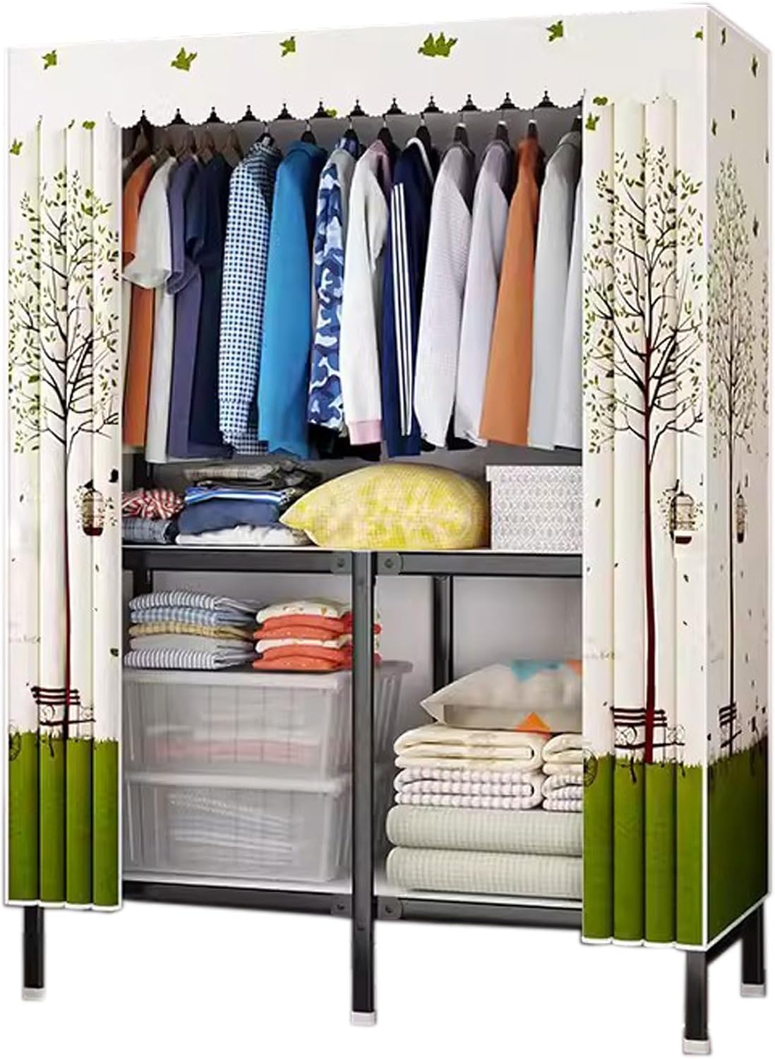 Foldable Closet Storage Shelves, Heavy-Duty Portable Wardrobe Rack with Cover, Freestanding Clothing & Coat Organizer for Bedroom - 110cm/43in Space-Saving Solution