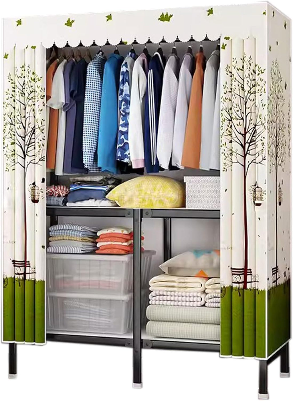 Foldable Closet Storage Shelves with Cover, Portable Freestanding Wardrobe Rack, Heavy-Duty Clothing Organizer for Bedroom, 65in Coat Storage Solution