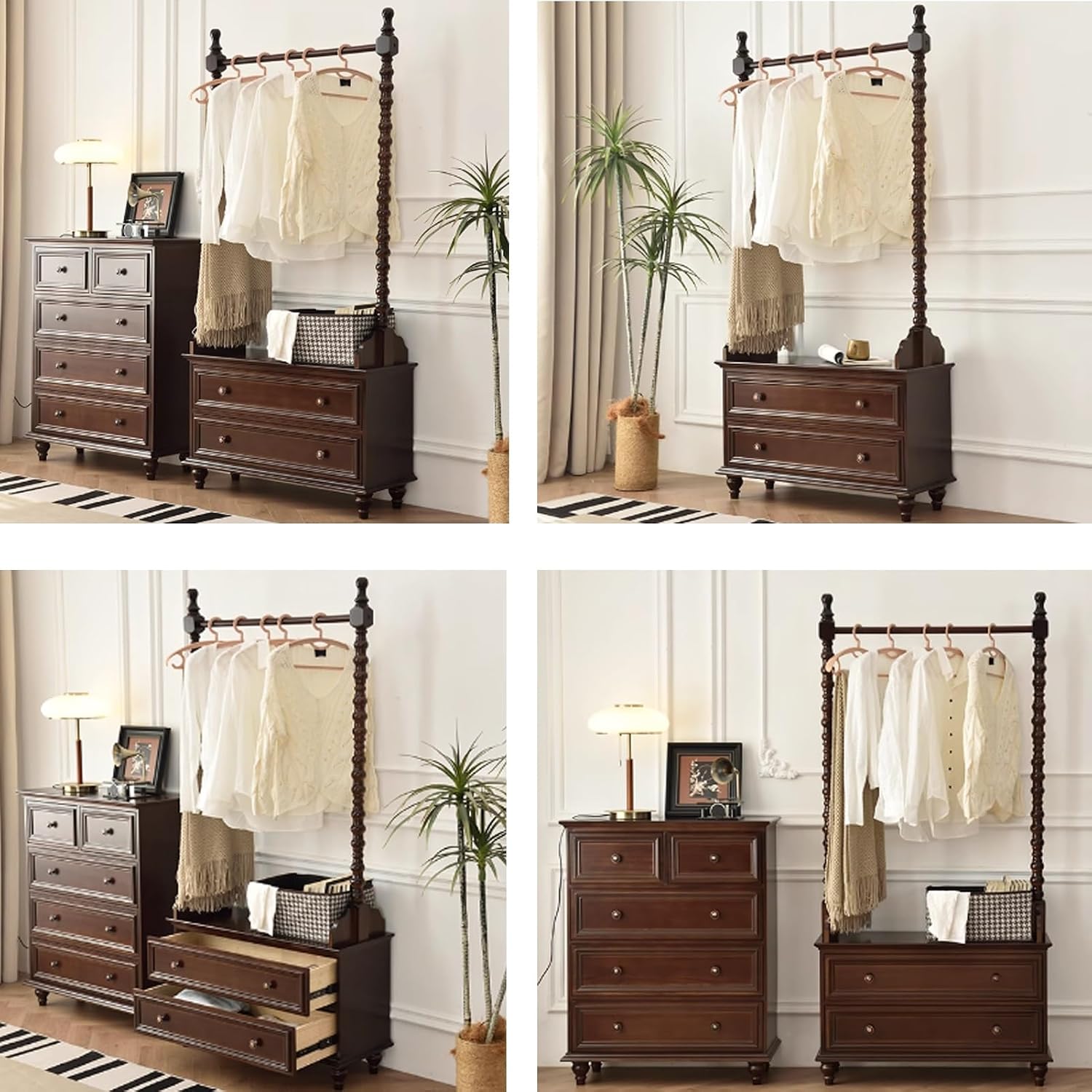 Chinese Clothes Rack, Solid Wood Clothing Rack with 2-Tier Bedside Table, Freestanding Garment Rack, Large Capacity Coat Rack for Hanging Clothes, Coats, Shirts