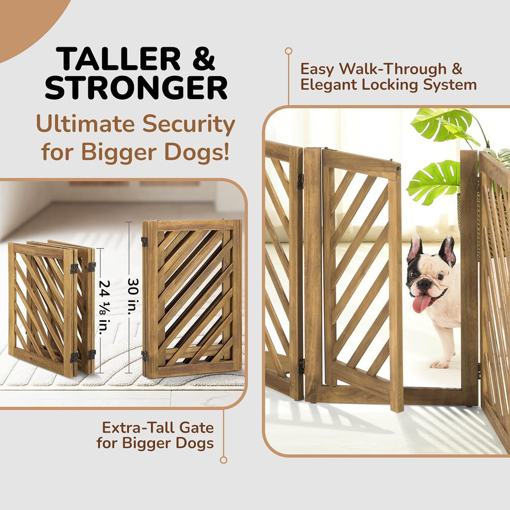 dCee Solid Acacia Wood Dog Gate, Freestanding Walk-Through Pet Gate, 81' 4-Panel Foldable Wooden Dog Gates with Door & 2 Support Legs for Doorways, Kitchen, Hall, Stairs, Indoor & Outdoor