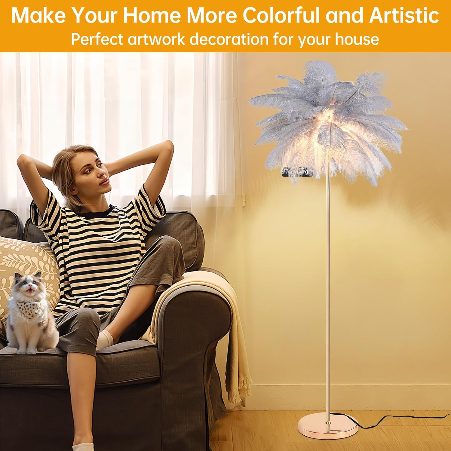 Feather Floor Lamp for Living Room, Fluffy Ostrich Feathers Lamp, Rose Gold Color Body, 3 Color Temperatures Modern Funky Arc Tall Standing Lamp for Bedroom Inclued Bright LED Bulbs (Grey)