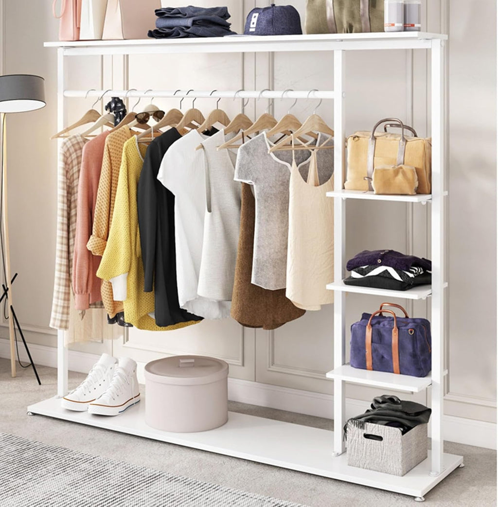 Garment Rack with Shelf, Hangers Display Stand, Metal Clothing Rack Free Standing Closet Organizer with 5 Tier Shelf,Large Clothing Display Stand for Home, Clothing Store(White