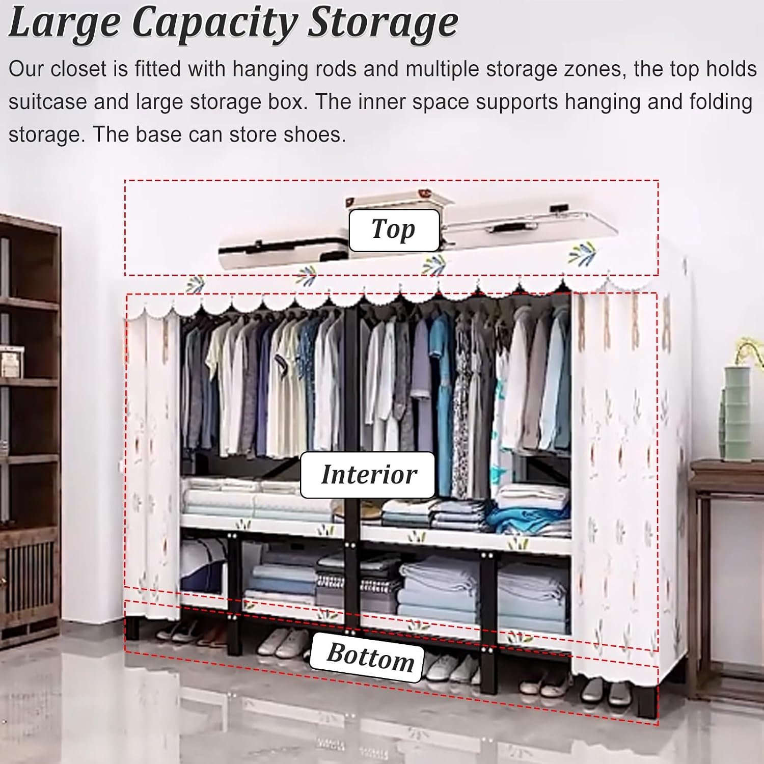 Foldable Garment Racks with Cover, Enclosed Portable Wardrobe with Independent Area, Magnetic Closet Armoire for Hanging Clothes & Bedding(1.25m/4.1ft)