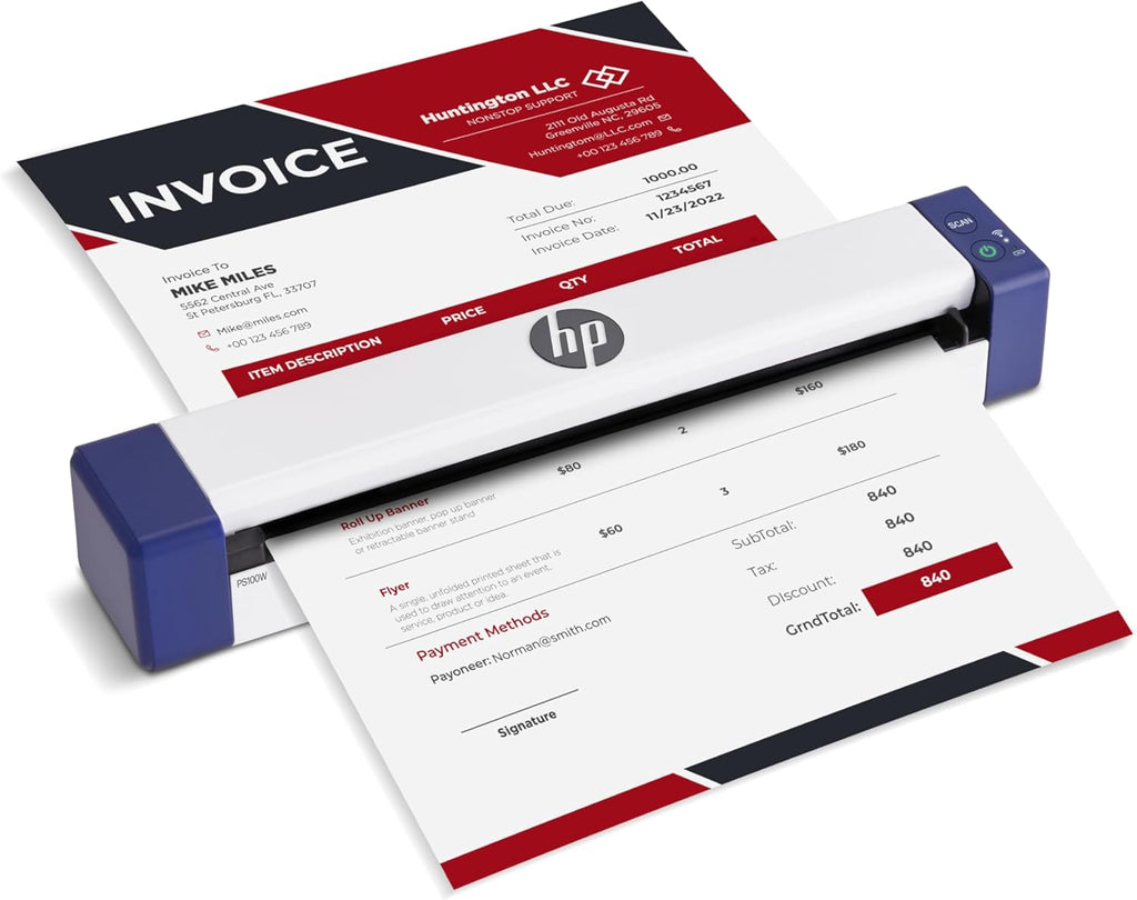 HP PS100W Portable Document Scanner - Wi-Fi & USB, 300 DPI, 8.5x14 in - Mobile Scanner for On-the-Go Use - Office Electronics for Home & Office - Compatible with Mac & Windows PC and Laptop