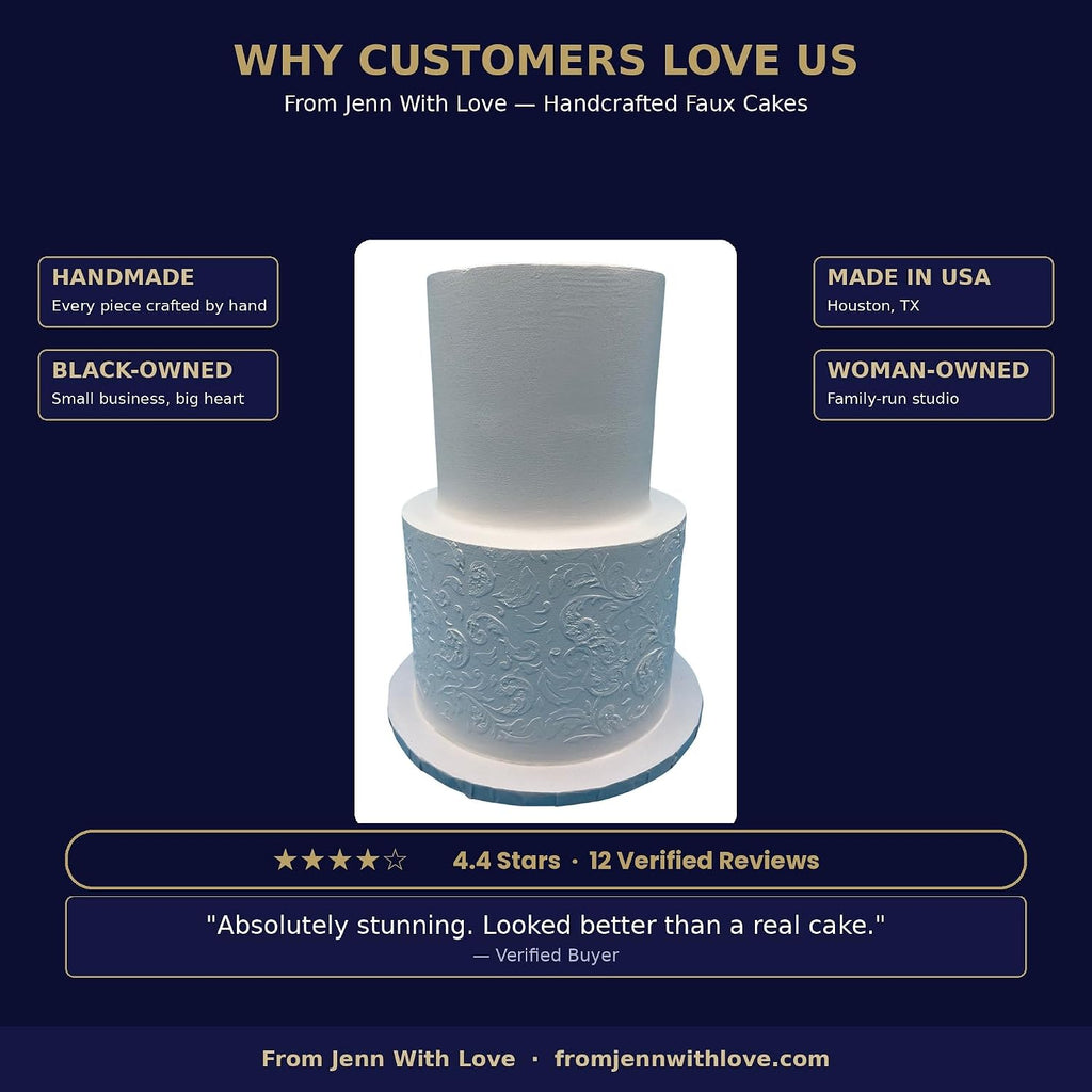 FromJennWithLove 2 Tier Fake Wedding Cake with Stencil Texture, 12' Tall Handcrafted Ivory Display Cake – 4-Day Artisan Process, Made in USA – Reusable for Weddings & Events