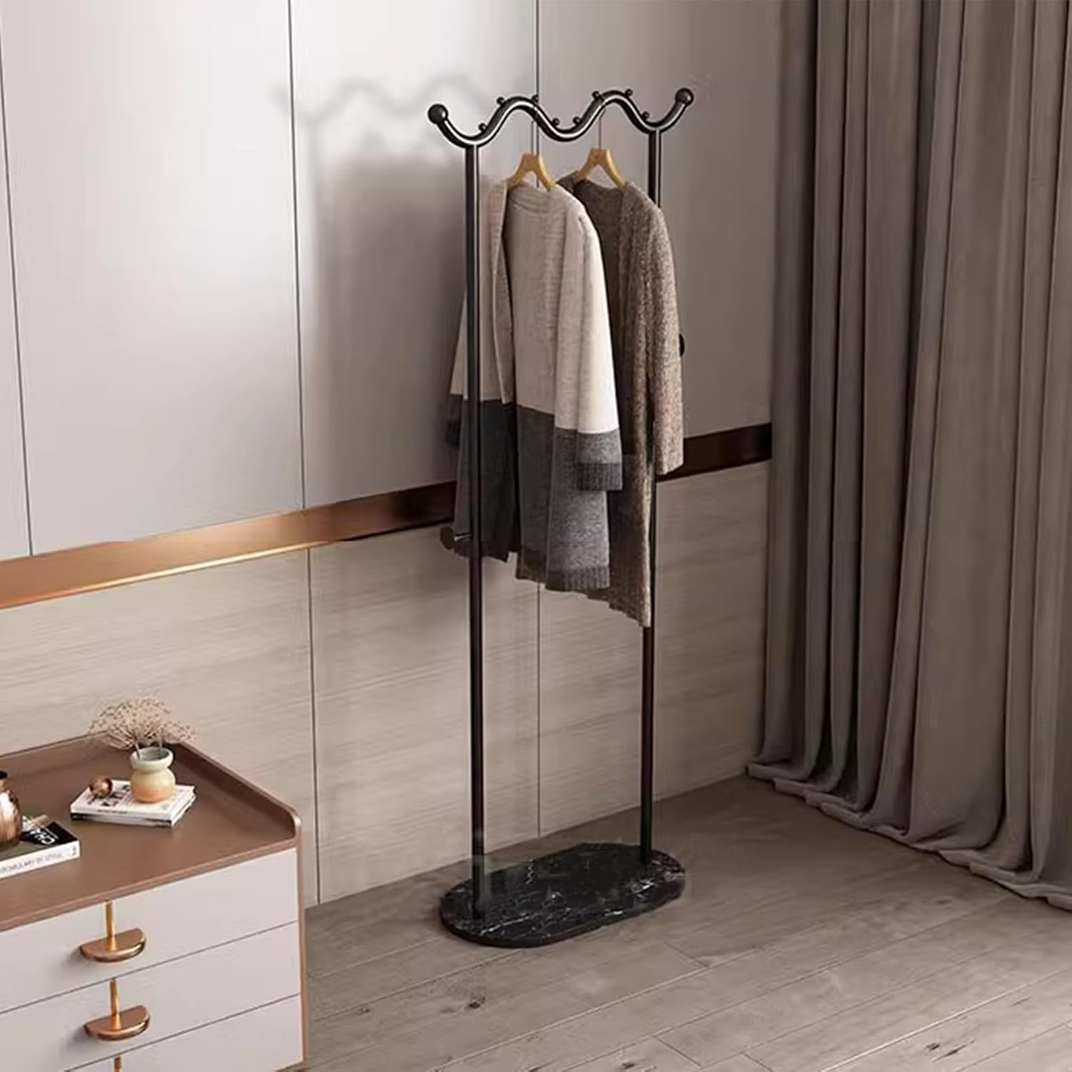 Heavy duty Garment rack Modern Metal Clothing Rack With Marble Base, Freestanding Coat Rack With Hanging Rod And 2 Hooks, Space Saving Clothes Organizer For Bedroom And Office, 50X30X170CM (Black )