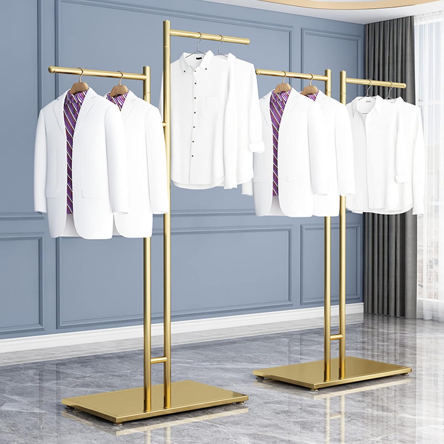 Boutique Metal Hanger Garment Display Stand, Creative Gold 2-Way Clothing Rack with Straight Arms Entrance Porch Hanging Garment Rack, Suit Shirts Freestanding Garment Rack Display Stand