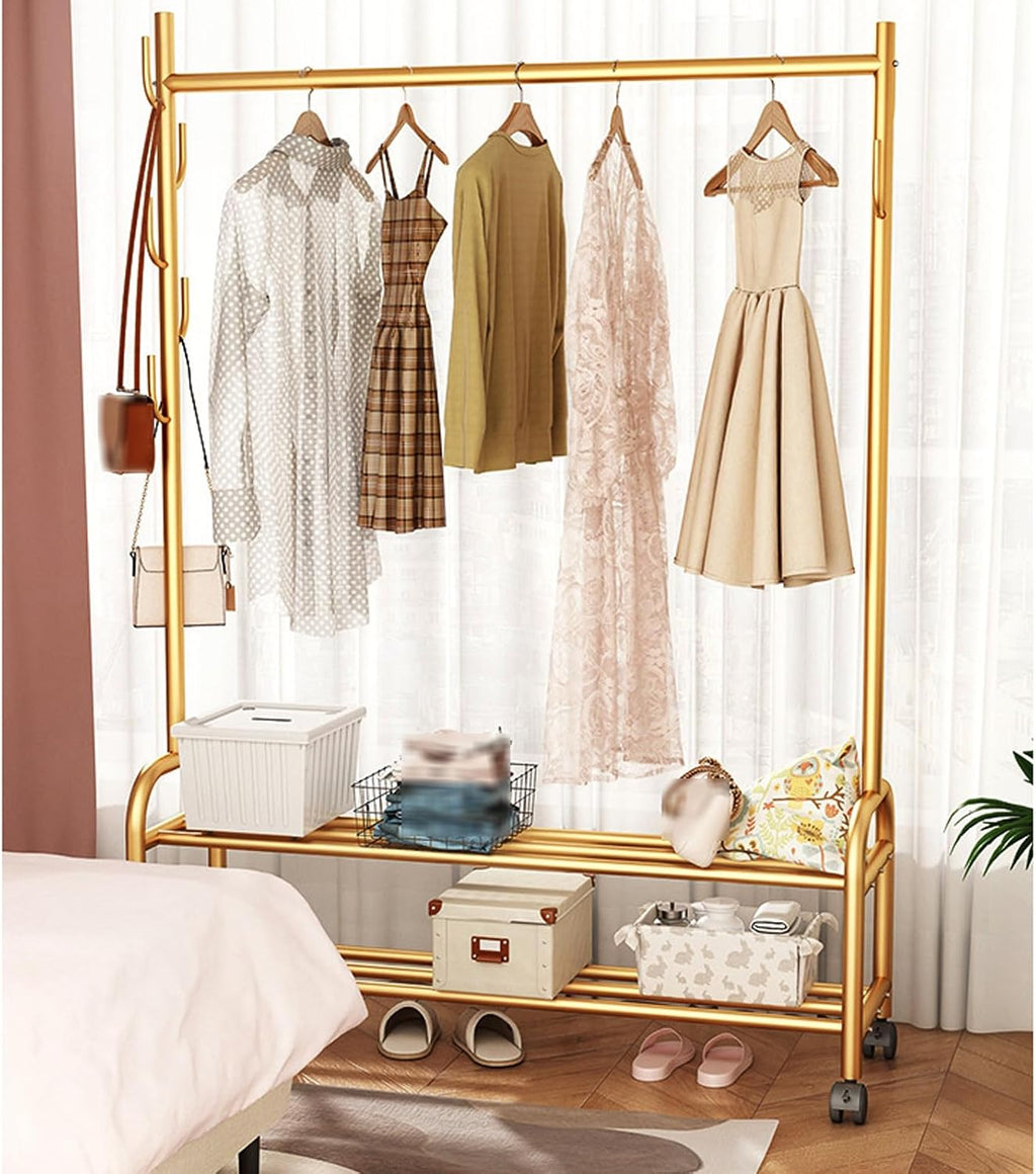 Heavy Duty Clothing Rack w/Wheels & 7 Side Hooks Metal Clothes Rack w/Double Layer Shoe Rack Rolling Garment Rack for Hanging Clothes Coats Shirts